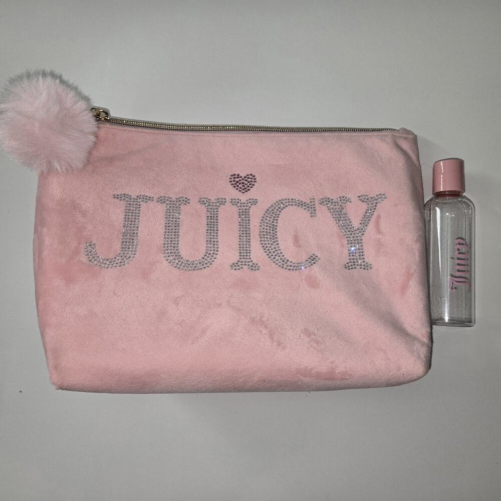 Juicy Couture Makeup Bag Pink Velour Rhinestone w/ Travel Toiletry Bottle